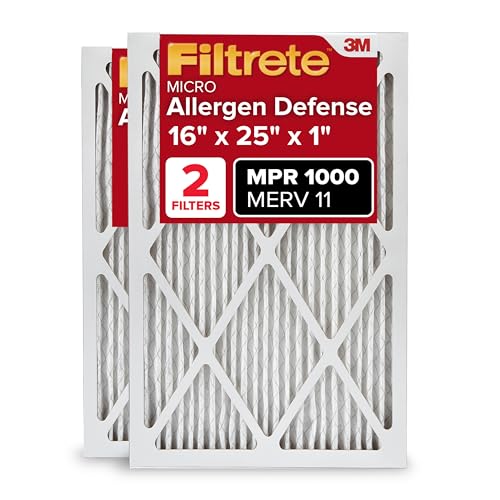 Filtrete 16x25x1 AC Furnace Air Filter, MERV 11, MPR 1000, Micro Allergen Defense, 3-Month Pleated 1-Inch Electrostatic Air Cleaning Filter, 2 Pack (Actual Size 15.719 x 24.72 x 0.84 in)