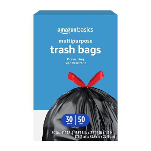 Amazon Basics 30 Gallon Drawstring Trash Bags, 50 Count