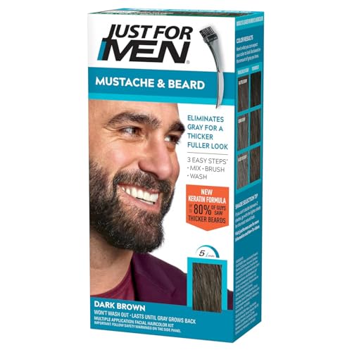 Just For Men Mustache & Beard Dye, Dark Brown M-45, with Brush, Keratin, Biotin, Aloe & Coconut Oil, Pack of 1