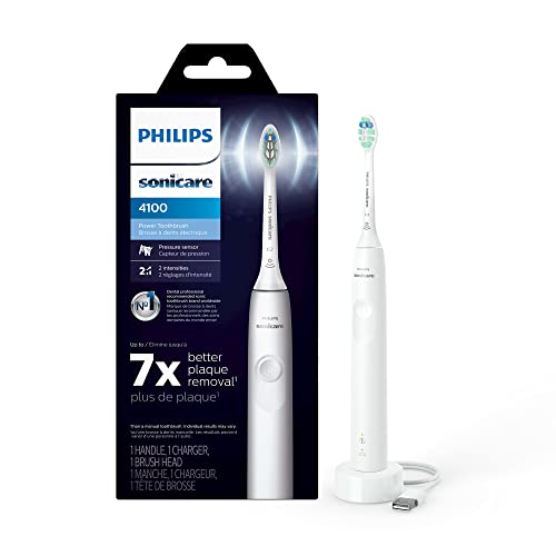 Philips Sonicare 4100 Electric Toothbrush, Pressure Sensor, 2 Intensity Settings, SmarTimer, 14-Day Battery, White, HX3681/23
