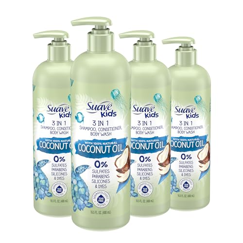 Suave Kids Coconut 3-in-1 Wash & Shampoo, 16.5 Oz, 4-Pack