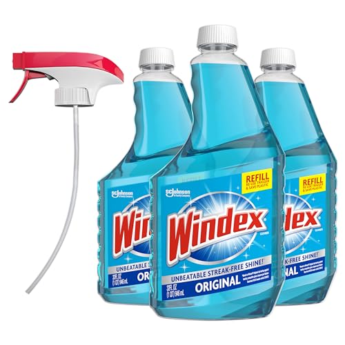 Windex Refill Glass Cleaner, 3 Pack, 32 Fl Oz, Reusable Spray Trigger, Original Blue Scent